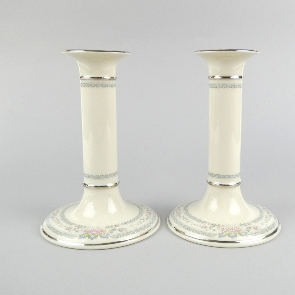 Lenox Charleston Ivory Platinum Trim Candlestick Set of 2 - 6.5"H